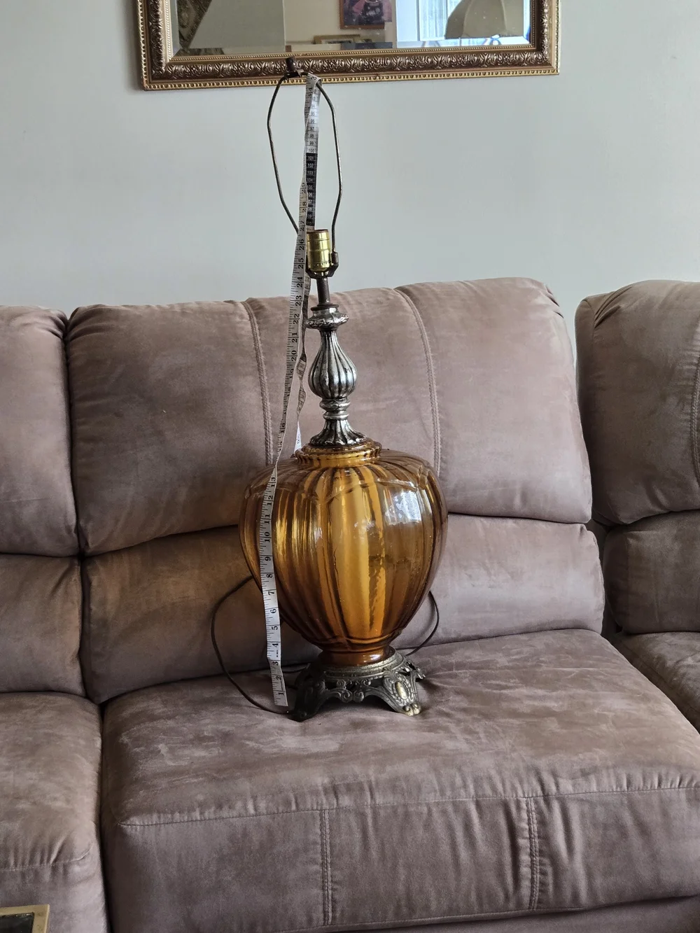 Amber Glass Table Lamp with Ornate Metal Base - Brand Unspecified